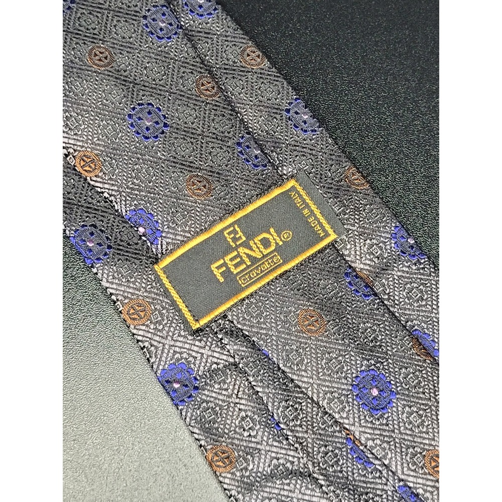Vintage Fendi Cravatte Silk Tie Grey Purple Floral Geometric Italy 3.75